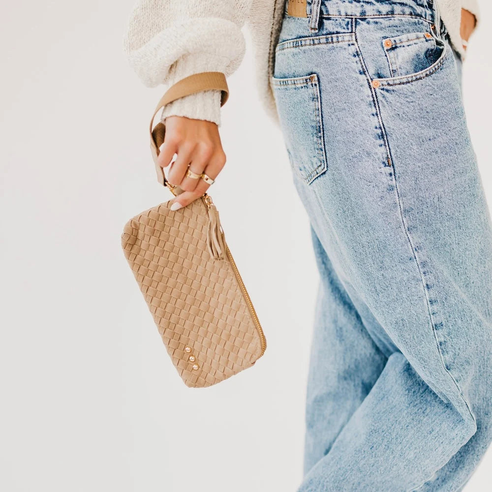 EMMA SUEDE WOVEN CLUTCH WRISTLET