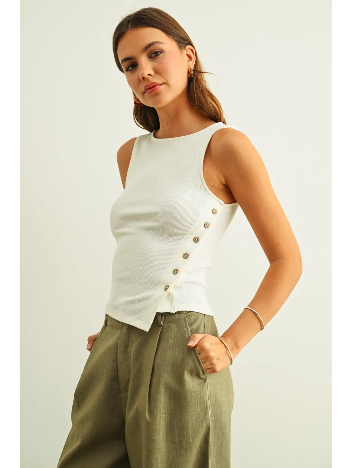 Cream Rib Side Button Tank
