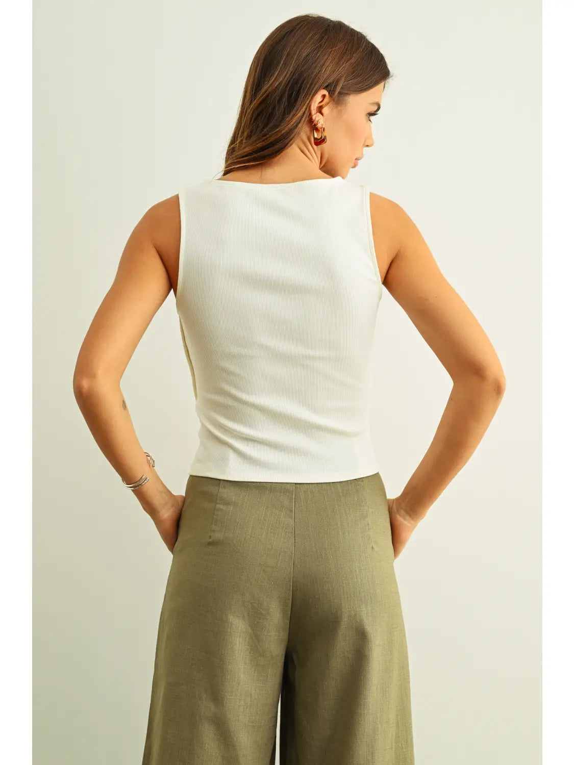 Cream Rib Side Button Tank