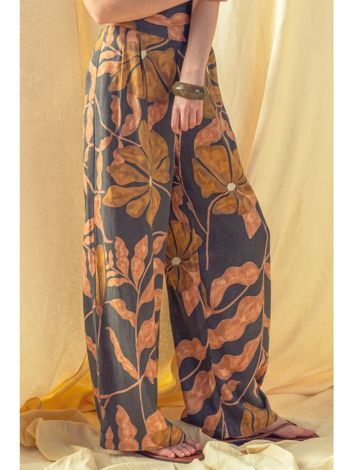 Multi Floral Print Linen Wide Leg Pant