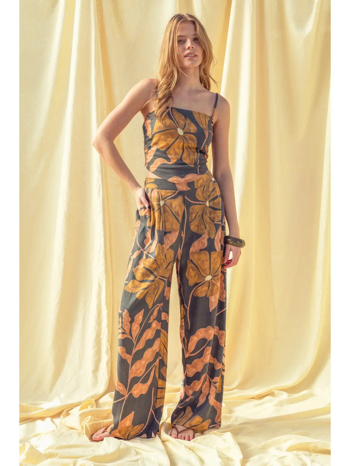 Multi Floral Print Linen Wide Leg Pant