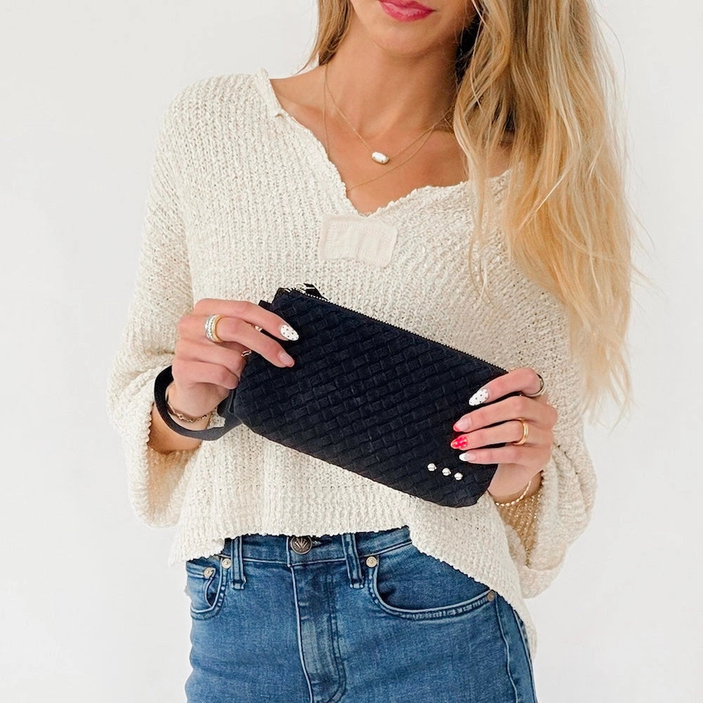 Emma Suede Woven Clutch Wristlet