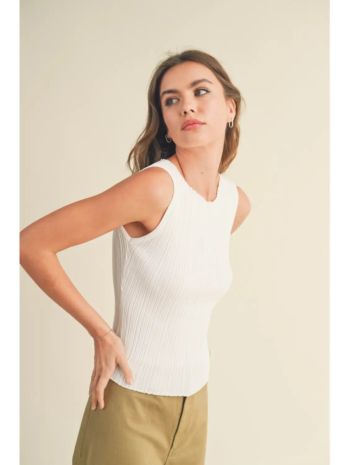 Off White Viscose Ribbed Knit Top