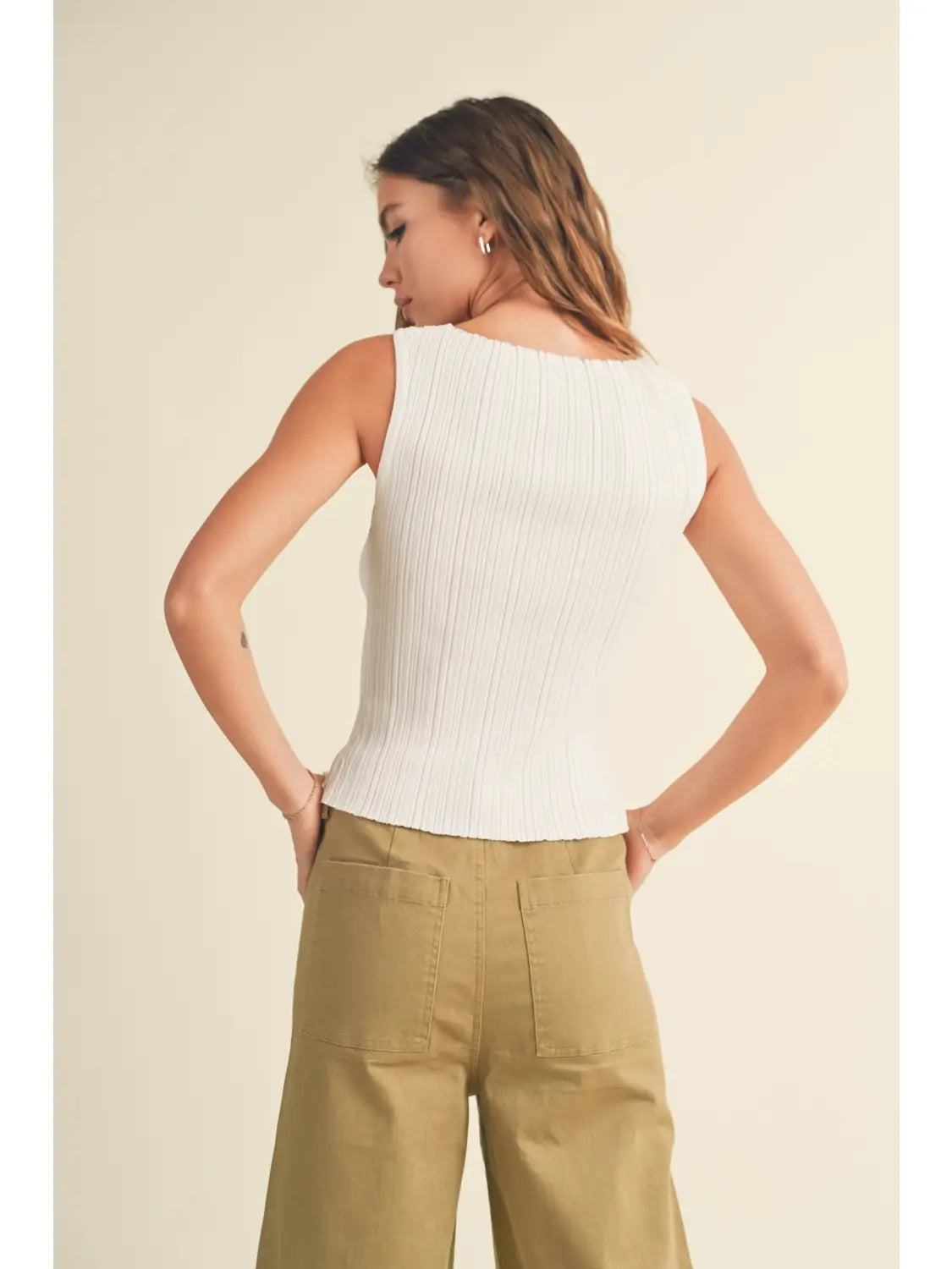 Off White Viscose Ribbed Knit Top