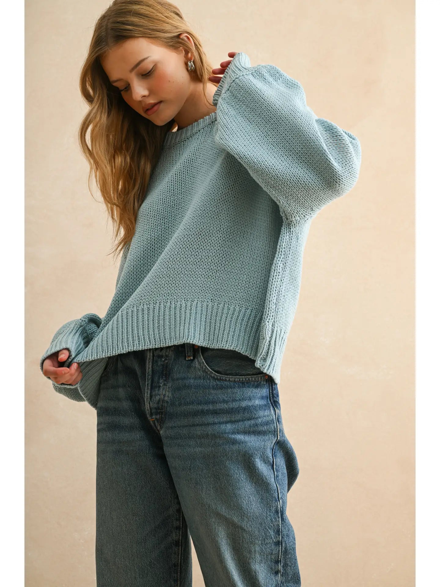 Blue Balloon Sleeve Sweater