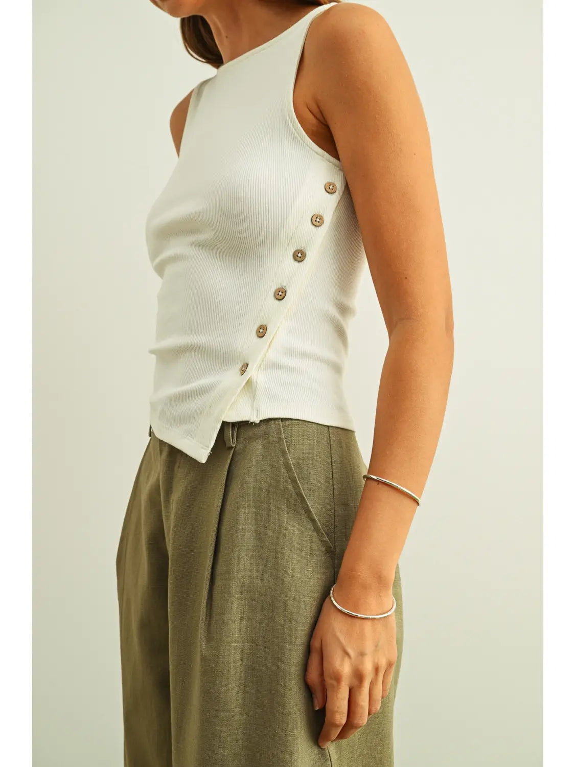 Cream Rib Side Button Tank