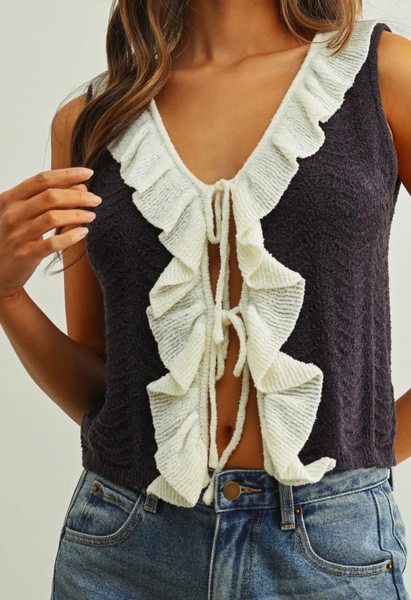 Crochet Knit Vest With Ruffle