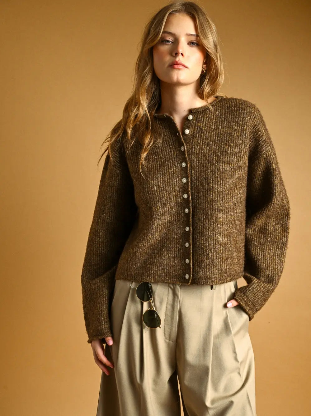 BROWN RIB SWEATER CARDIGAN