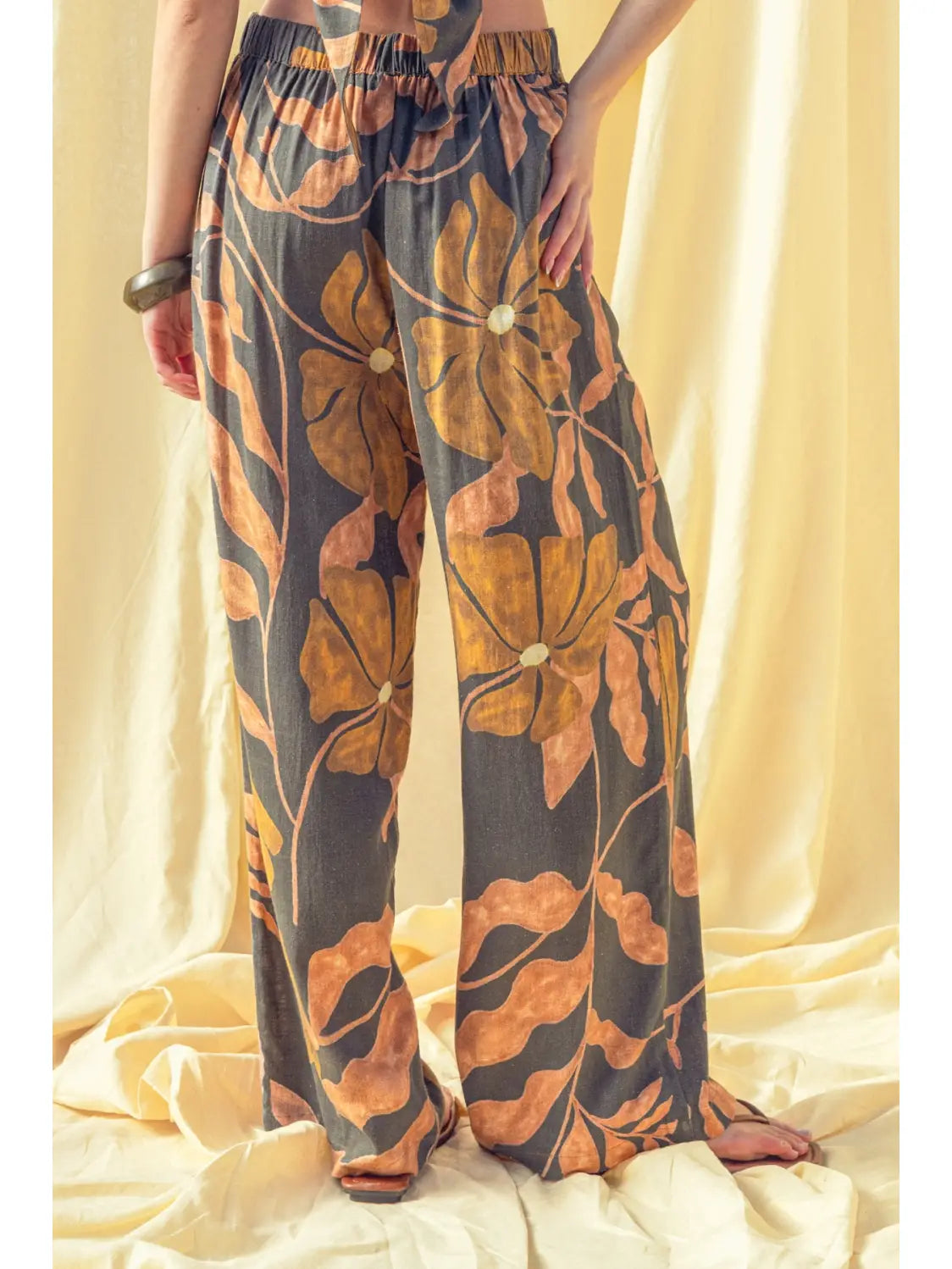 Multi Floral Print Linen Wide Leg Pant