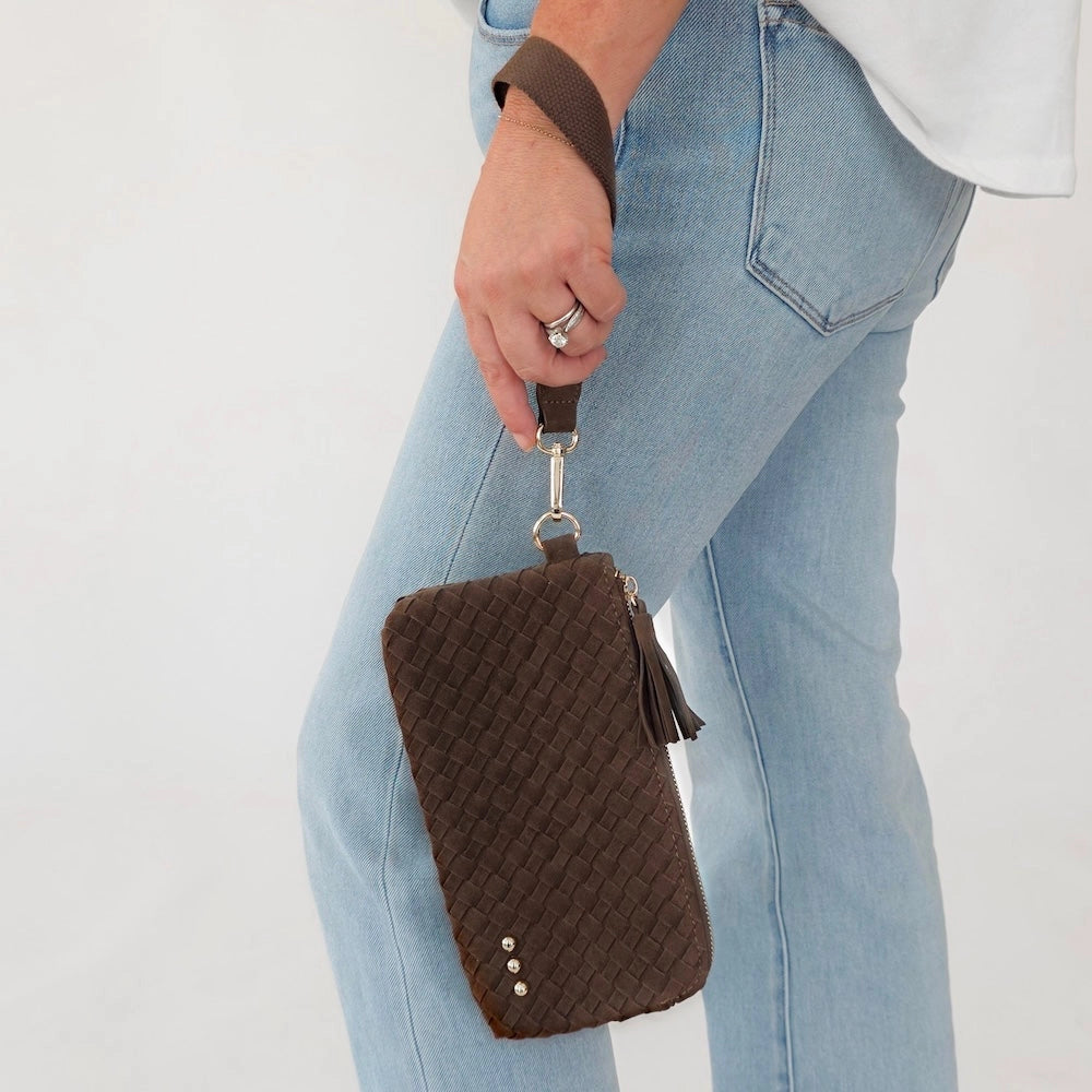 Emma Suede Woven Clutch Wristlet