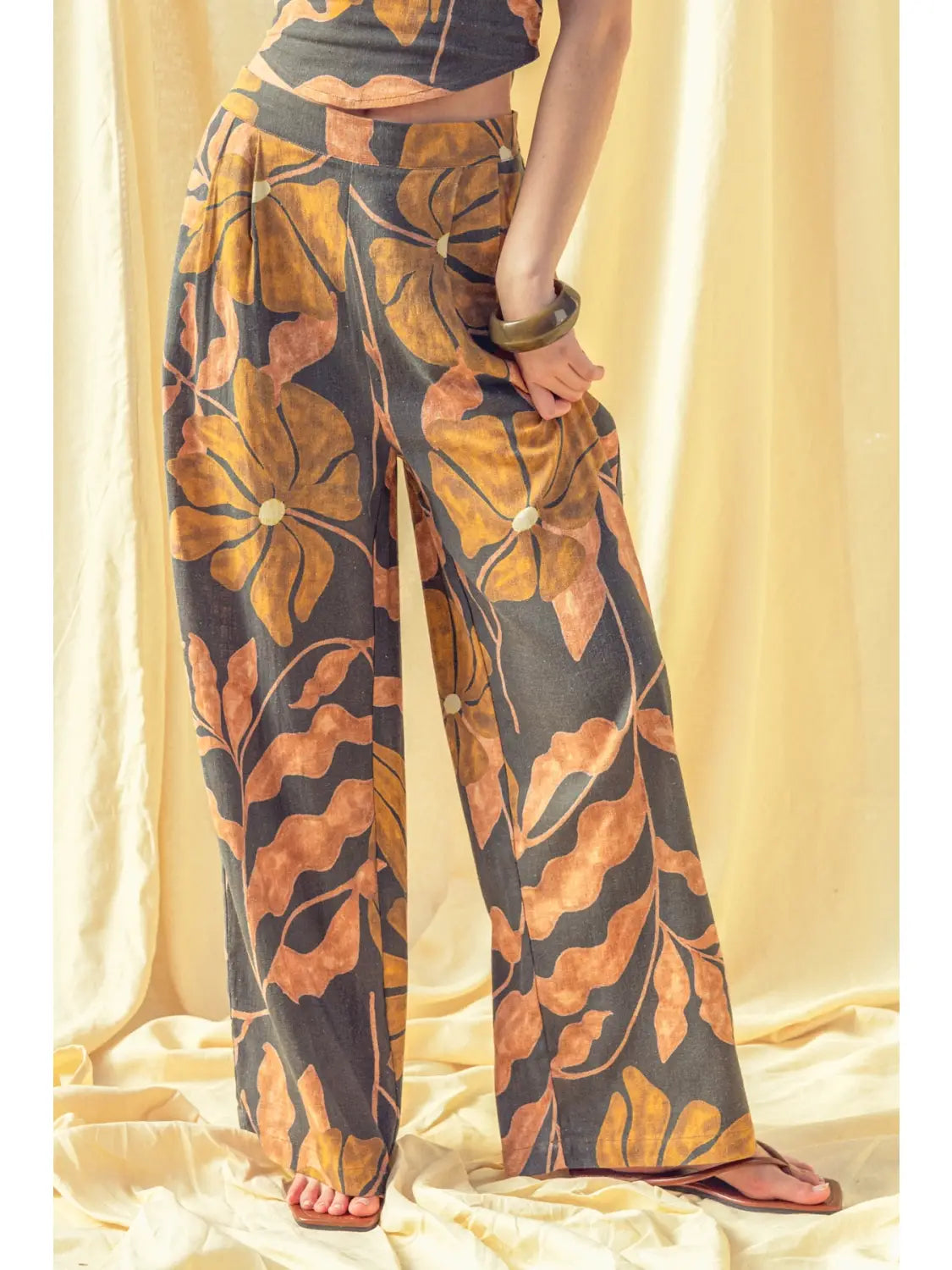 Multi Floral Print Linen Wide Leg Pant