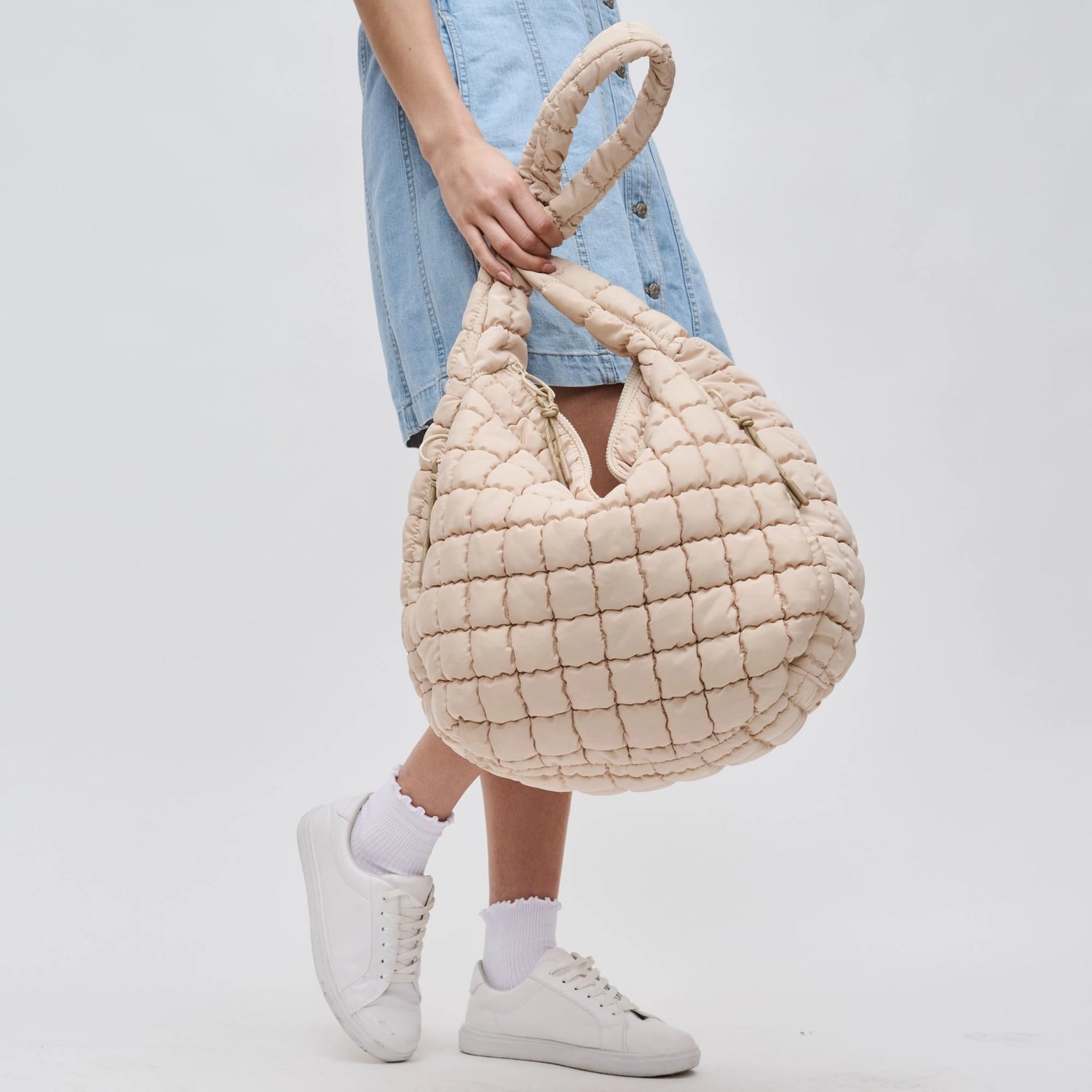 Revive Quilted Puffer Nylon Hobo Bag Cream