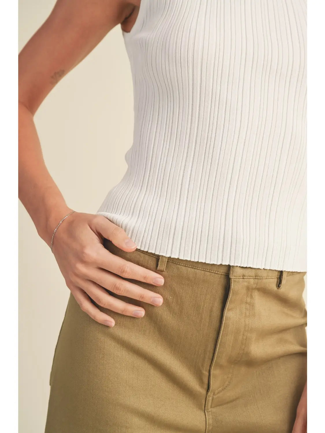 Off White Viscose Ribbed Knit Top